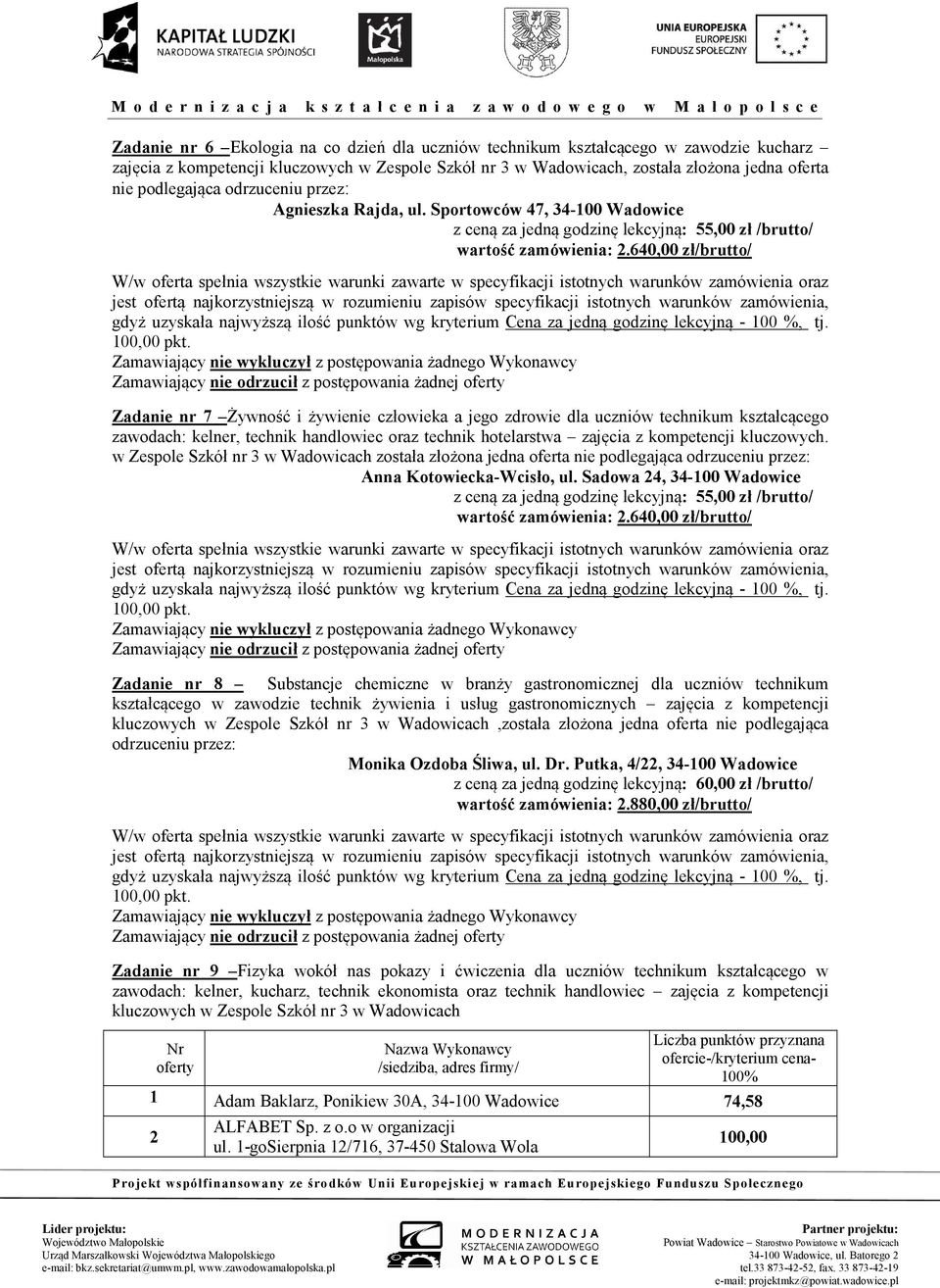 640,00 zł/brutto/ Zadanie nr 7 Żywność i żywienie człowieka a jego zdrowie dla uczniów technikum kształcącego zawodach: kelner, technik handlowiec oraz technik hotelarstwa zajęcia z kompetencji