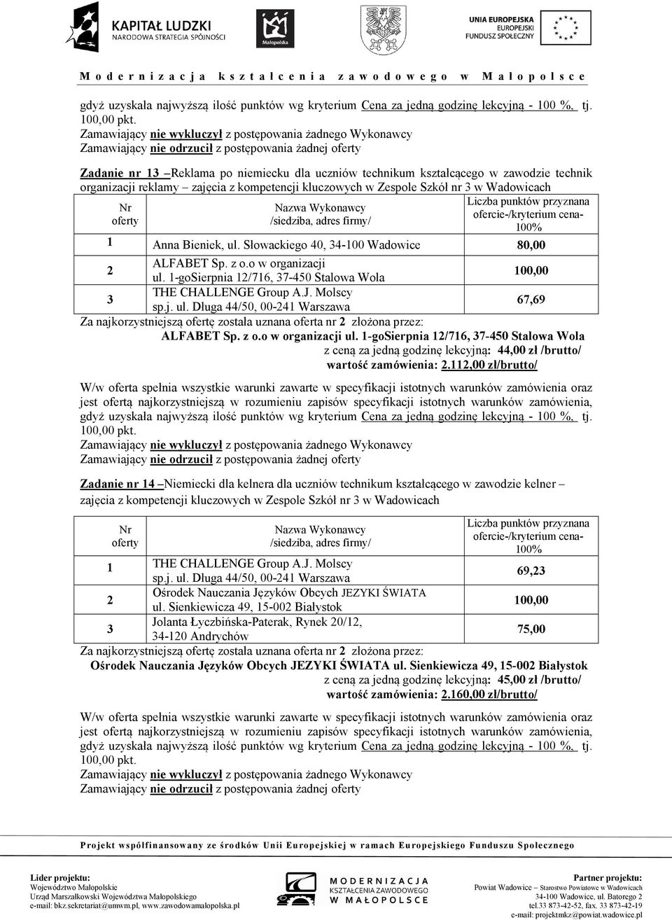 1-goSierpnia 1/716, 7-450 Stalowa Wola z ceną za jedną godzinę lekcyjną: 44,00 zł /brutto/ wartość zamówienia:.