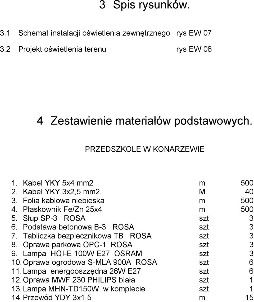 Słup SP-3 ROSA szt 3 6. Podstawa betonowa B-3 ROSA szt 3 7. Tabliczka bezpiecznikowa TB ROSA szt 3 8. Oprawa parkowa OPC-1 ROSA szt 3 9.