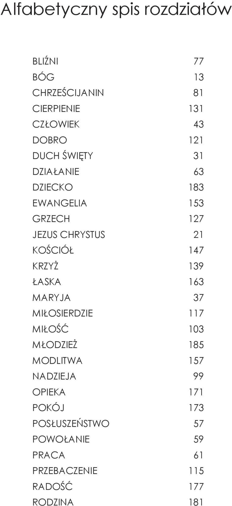 147 KRZYŻ 139 ŁASKA 163 MARYJA 37 MIŁOSIERDZIE 117 MIŁOŚĆ 103 MŁODZIEŻ 185 MODLITWA 157 NADZIEJA