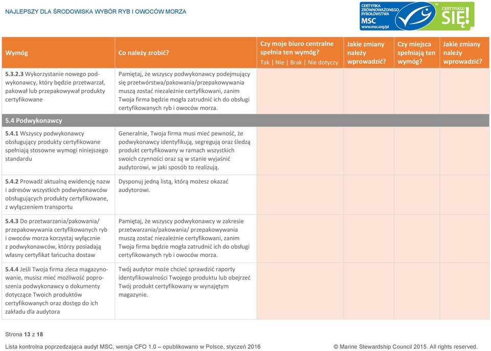 przetwórstwa/pakowania/przepakowywania muszą zostać niezależnie certyfikowani, zanim Twoja firma będzie mogła zatrudnić ich do obsługi certyfikowanych ryb i owoców morza. 5.4 