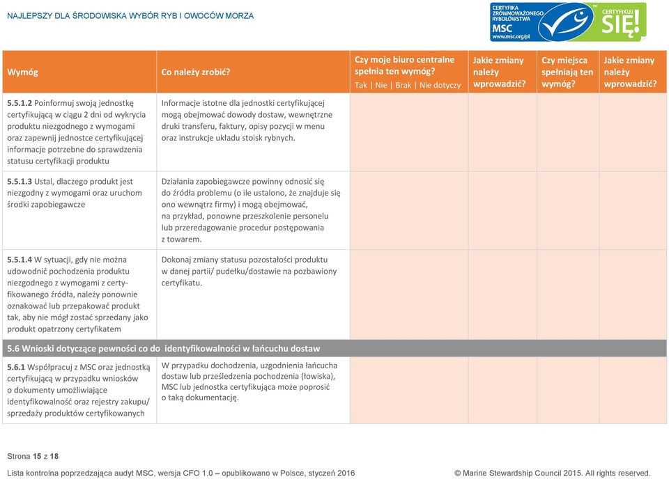 produktu Informacje istotne dla jednostki certyfikującej mogą obejmować dowody dostaw, wewnętrzne druki transferu, faktury, opisy pozycji w menu oraz instrukcje układu stoisk rybnych. 5.5.1.