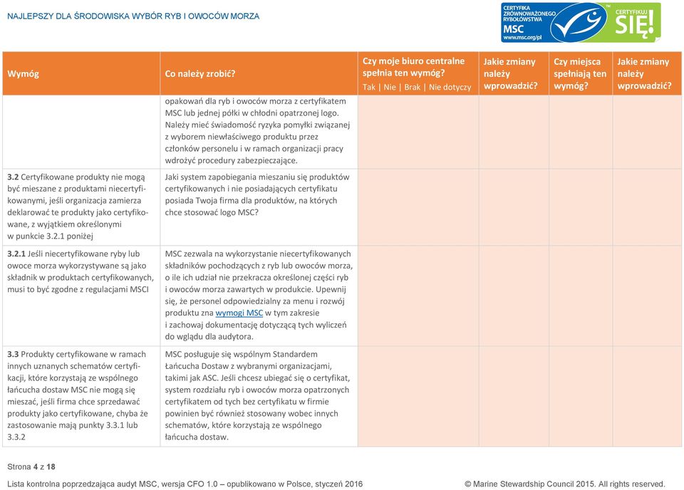 2 Certyfikowane produkty nie mogą być mieszane z produktami niecertyfikowanymi, jeśli organizacja zamierza deklarować te produkty jako certyfikowane, z wyjątkiem określonymi w punkcie 3.2.1 poniżej Jaki system zapobiegania mieszaniu się produktów certyfikowanych i nie posiadających certyfikatu posiada Twoja firma dla produktów, na których chce stosować logo MSC?