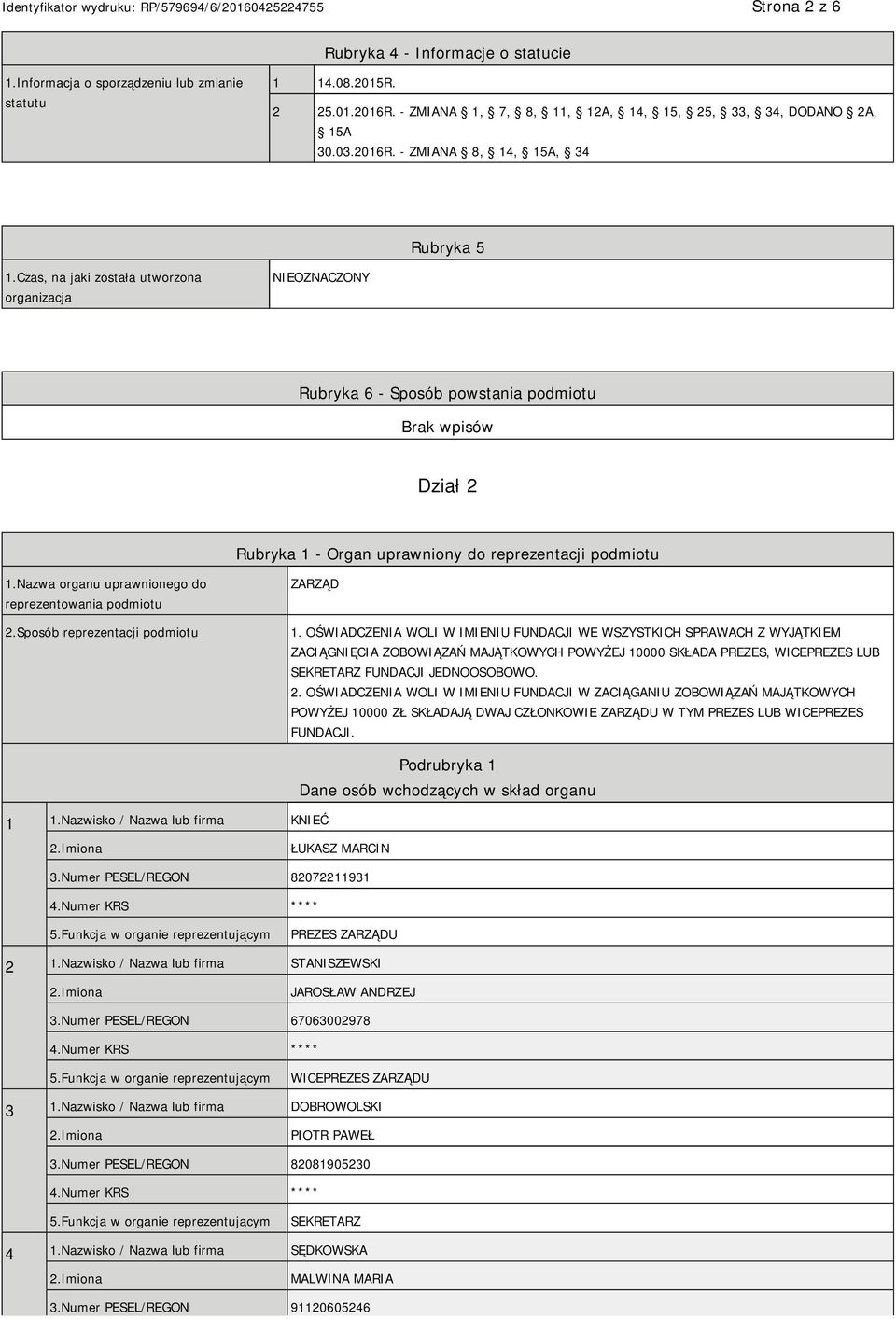 Nazwa organu uprawnionego do reprezentowania podmiotu 2.Sposób reprezentacji podmiotu ZARZĄD 1.