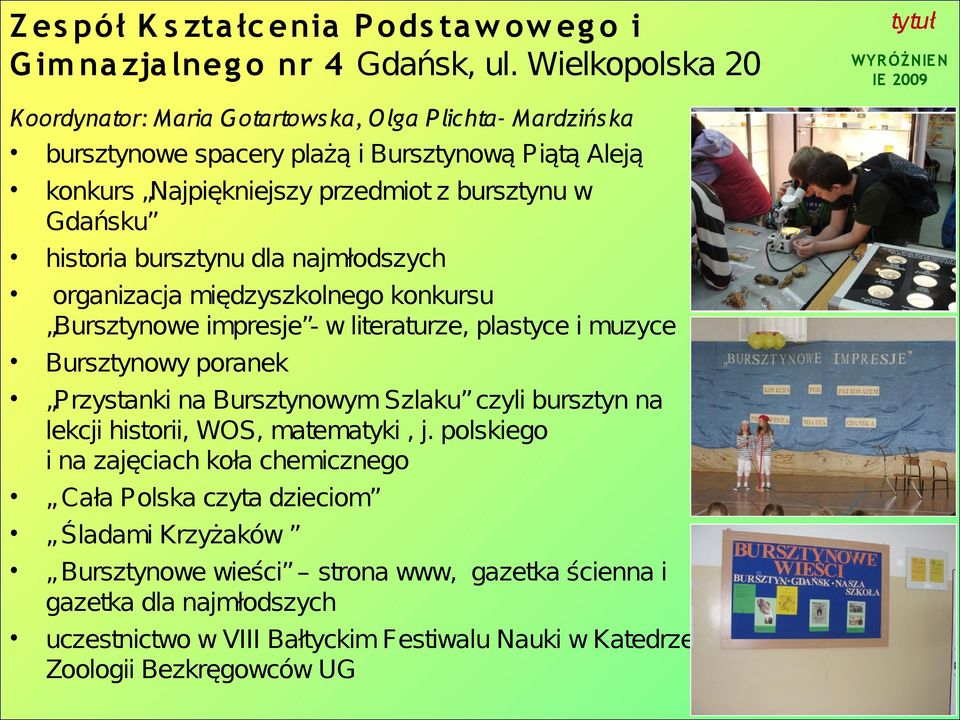 bursztynu dla najmłodszych organizacja międzyszkolnego konkursu Bursztynowe impresje - w literaturze, plastyce i muzyce Bursztynowy poranek Przystanki na Bursztynowym Szlaku czyli bursztyn na