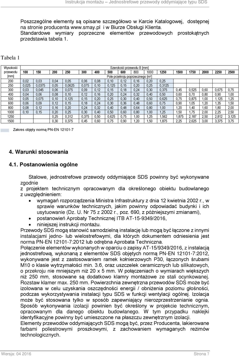 Tabela 1 Wysokość przewodu [mm] Szerokość przewodu B [mm] 100 150 200 250 300 400 500 600 800 1000 1250 1500 1750 2000 2250 2500 Pole przekroju poprzecznego [m 2 ] 200 0,02 0,03 0,04 0,05 0,06 0,08