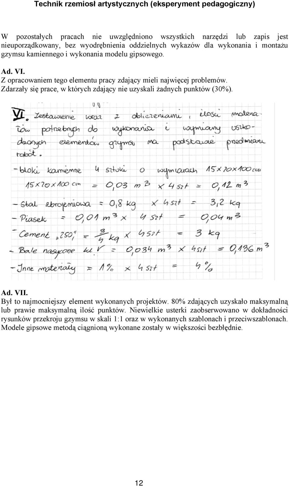 Zdarzały się prace, w których zdający nie uzyskali żadnych punktów (30%). Ad. VII. Był to najmocniejszy element wykonanych projektów.