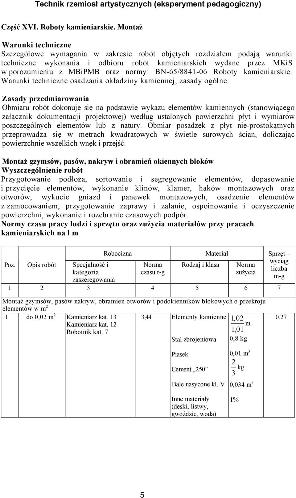 normy: BN-65/8841-06 Roboty kamieniarskie. Warunki techniczne osadzania okładziny kamiennej, zasady ogólne.