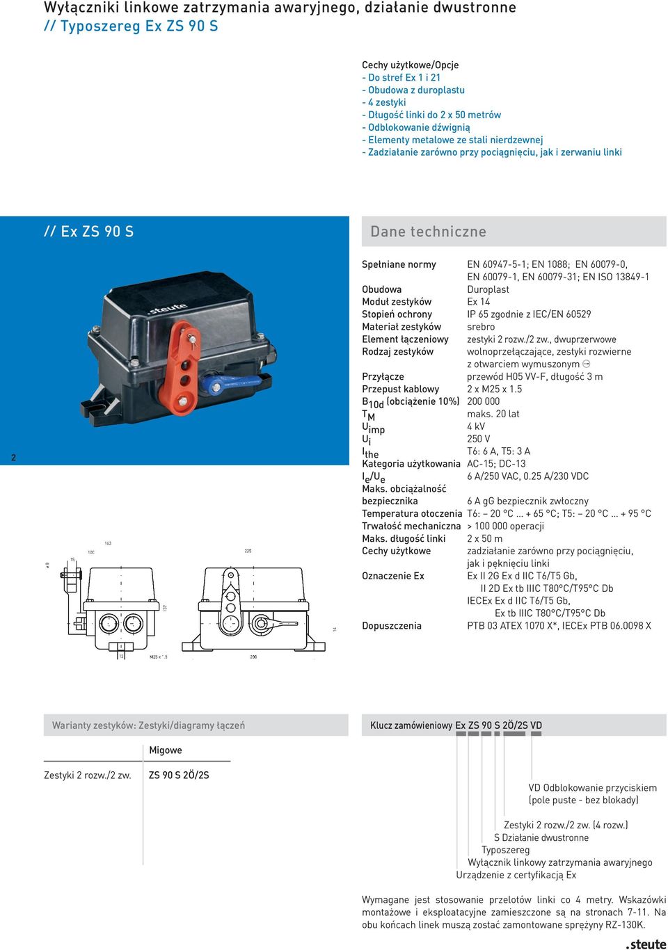 60079-1, EN 60079-31; EN ISO 13849-1 Obudowa Duroplast Moduł zestyków Ex 14 Stopień ochrony IP 65 zgodnie z IEC/EN 60529 Materiał zestyków srebro Element łączeniowy zestyki 2 rozw./2 zw.