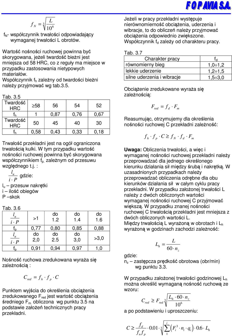 Współczynnik f h zaleny od twardoci bieni naley przyjmowa wg tab.3.5. Tab. 3.