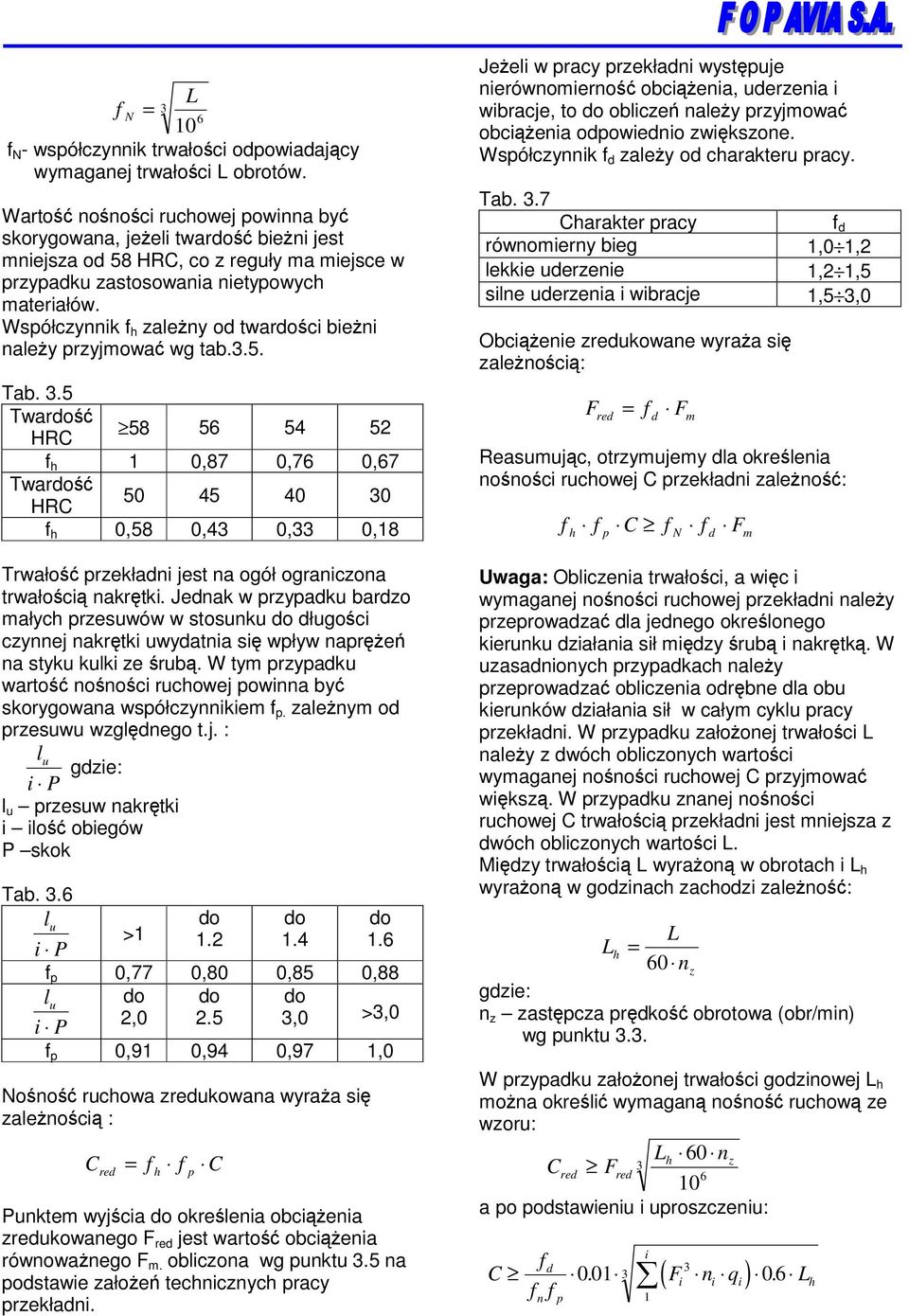 Współczynnik f h zaleny od twardoci bieni naley przyjmowa wg tab.3.5. Tab. 3.