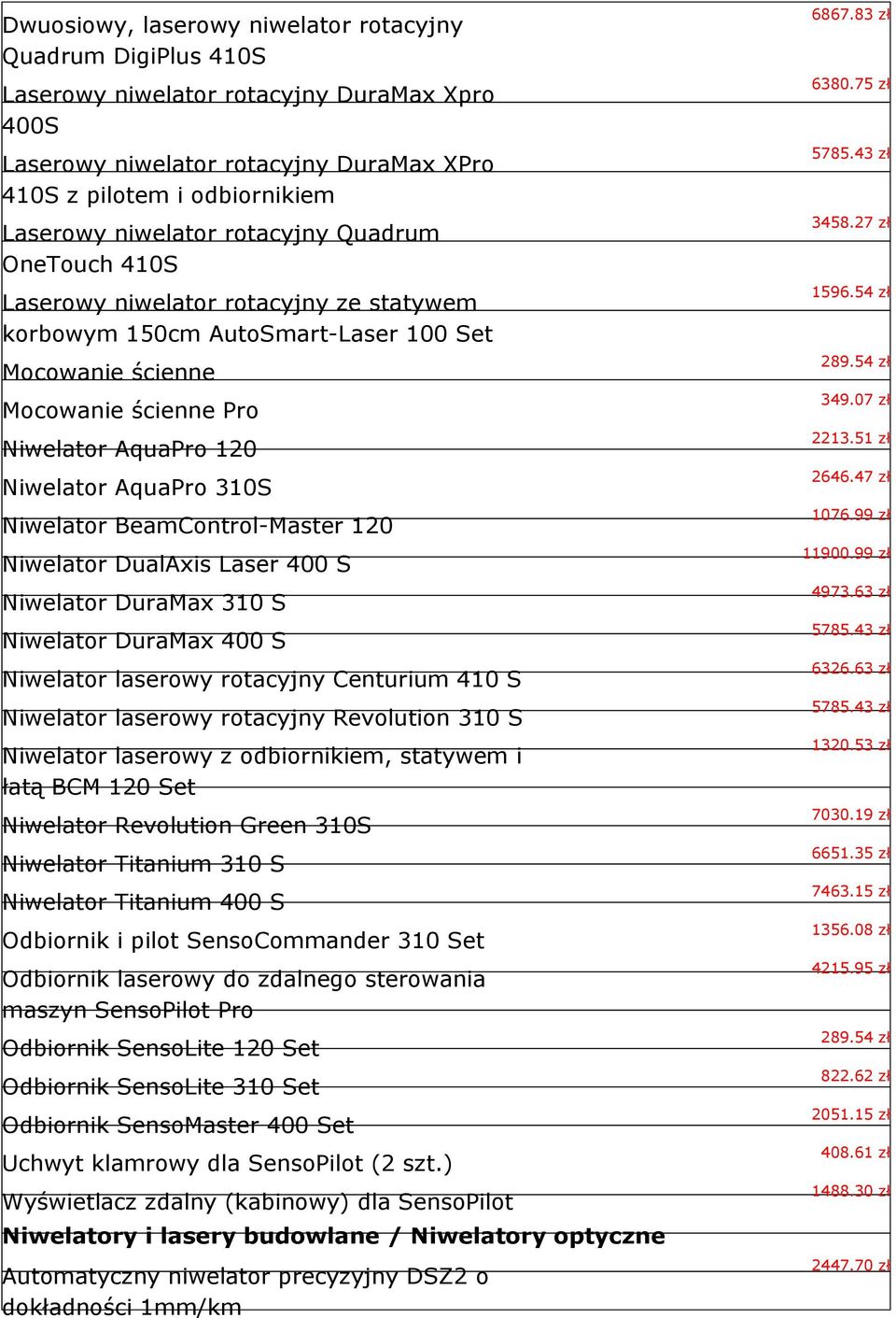 Niwelator BeamControl-Master 120 Niwelator DualAxis Laser 400 S Niwelator DuraMax 310 S Niwelator DuraMax 400 S Niwelator laserowy rotacyjny Centurium 410 S Niwelator laserowy rotacyjny Revolution