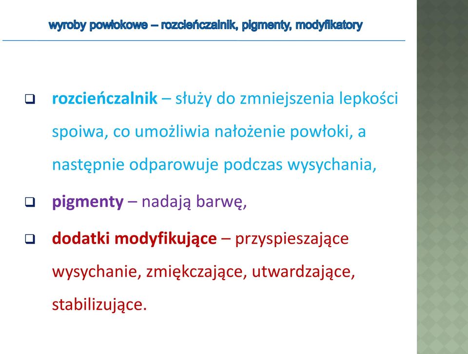 wysychania, pigmenty nadają barwę, dodatki modyfikujące