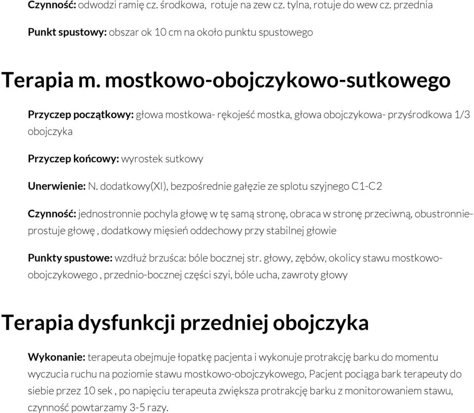 dodatkowy(xi), bezpośrednie gałęzie ze splotu szyjnego C1-C2 Czynność: jednostronnie pochyla głowę w tę samą stronę, obraca w stronę przeciwną, obustronnieprostuje głowę, dodatkowy mięsień oddechowy