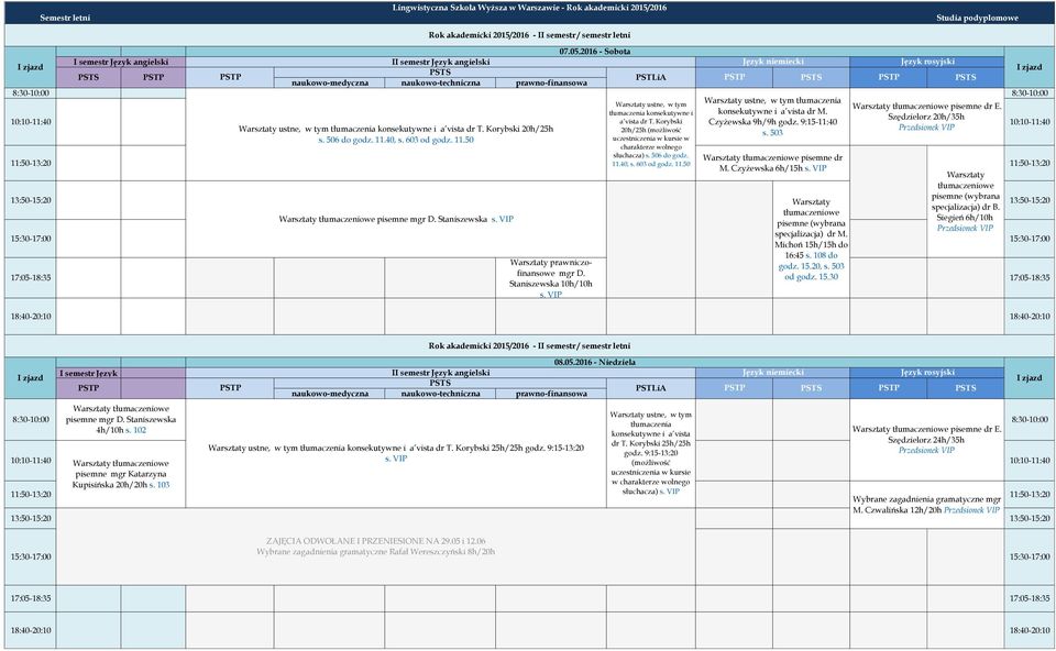 pisemne dr 11.40, od godz. 11.50 M. Czyżewska 6h/15h s. VIP specjalizacja) dr B. pisemne mgr D. Staniszewska s. VIP Siegień 6h/10h Przedsionek VIP specjalizacja) dr M. prawniczofinansowe mgr D.