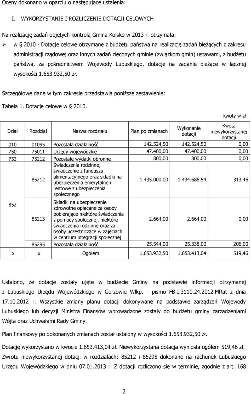 państwa, za pośrednictwem Wojewody Lubuskiego, dotacje na zadanie bieżące w łącznej wysokości 1.653.932,50 zł. Szczegółowe dane w tym zakresie przedstawia poniższe zestawienie: Tabela 1.