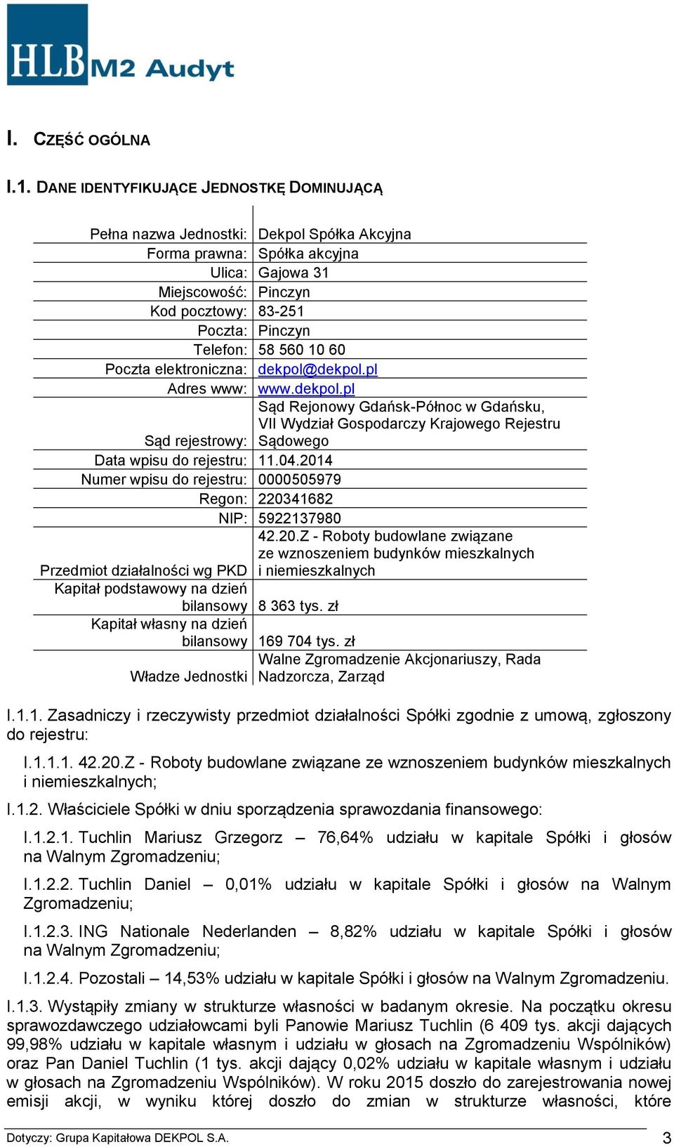 58 560 10 60 Poczta elektroniczna: dekpol@dekpol.pl Adres www: www.dekpol.pl Sąd Rejonowy Gdańsk-Północ w Gdańsku, VII Wydział Gospodarczy Krajowego Rejestru Sąd rejestrowy: Sądowego Data wpisu do rejestru: 11.