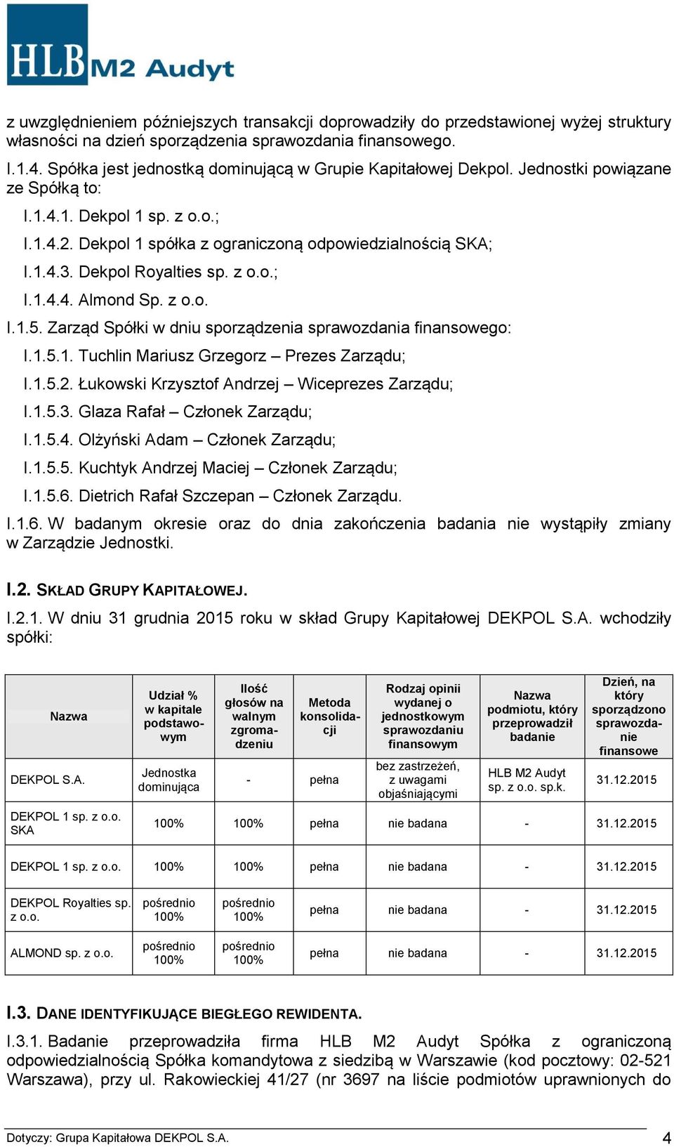 Dekpol Royalties sp. z o.o.; I.1.4.4. Almond Sp. z o.o. I.1.5. Zarząd Spółki w dniu sporządzenia sprawozdania finansowego: I.1.5.1. Tuchlin Mariusz Grzegorz Prezes Zarządu; I.1.5.2.