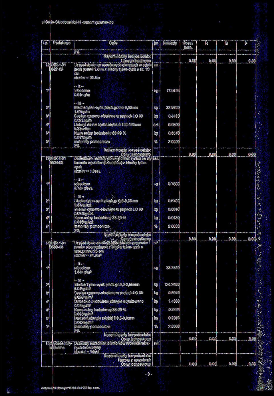 017/ ateiały poocnicze 2 Dodatkowe nakłady do uzupełnień ynien za wykonanie wputów (ztuceów) z blachy tytan- zt. cynk obia = I.Ozt. 32.9700 0.4410 6.9300 0.3570 --- 0.75/zt. 0.7500 14 <N 4-01 3530-06 Blacha tytan-cynk płak.