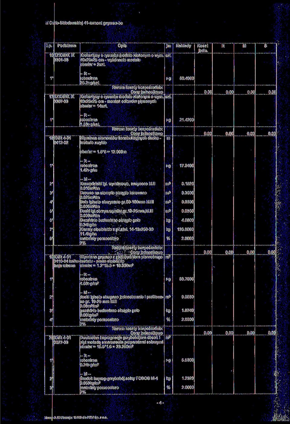 18 KN 4-01 lwyiana eleentów kontukcyjnych dachu - 0412-02 kokwie zwykłe 21.4200 obia = 1.8 = 12.000-1.42/ 17.0400 6" 19 - Kawędziaki igl. wyiaowe, naycone kl.ll 0.016/ Dewno na teple okągłe koowane 0.