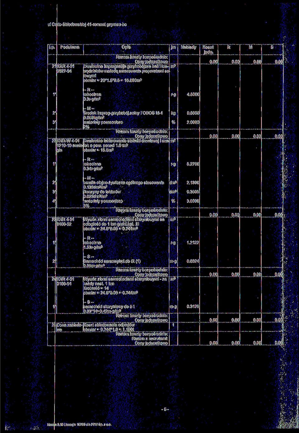 2700 2^ y 4^ 23 KN 4-01 - - ealia olejno-żywiczna ogólnego toowania d 0.138d/ Benzyny do lakieów d 0.023d/ ateiały poocnicze 3 jwywóz ziei aochodai kzyniowyi na 0108-02 lodległość do 1 k gunt.kat.