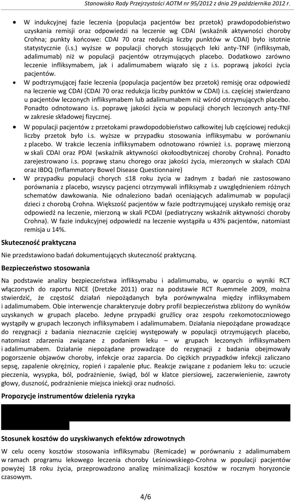 oraz redukcja liczby punktów w CDAI) było istotnie statystycznie (i.s.) wyższe w populacji chorych stosujących leki anty-tnf (infliksymab, adalimumab) niż w populacji pacjentów otrzymujących placebo.