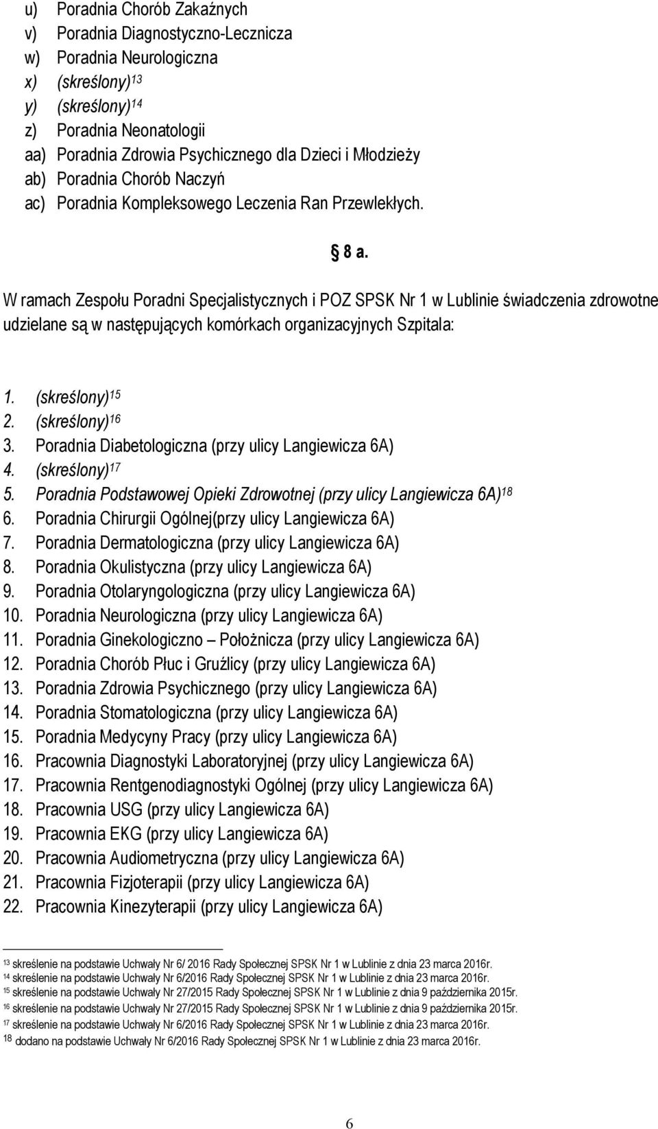 W ramach Zespołu Poradni Specjalistycznych i POZ SPSK Nr 1 w Lublinie świadczenia zdrowotne udzielane są w następujących komórkach organizacyjnych Szpitala: 1. (skreślony) 15 2. (skreślony) 16 3.