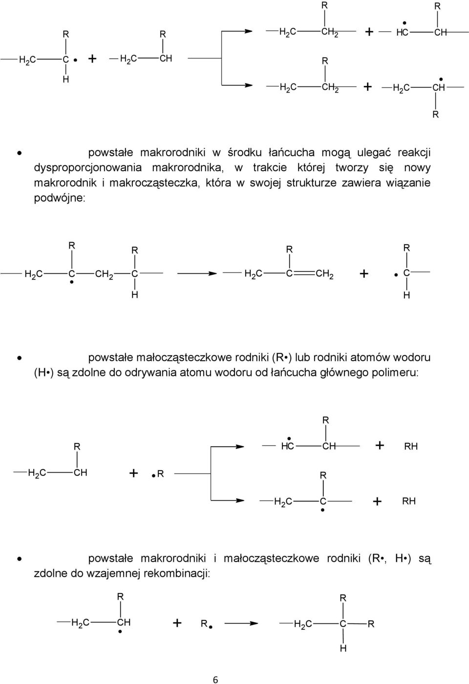 powstałe małocząsteczkowe rodniki () lub rodniki atomów wodoru (H) są zdolne do odrywania atomu wodoru od łańcucha