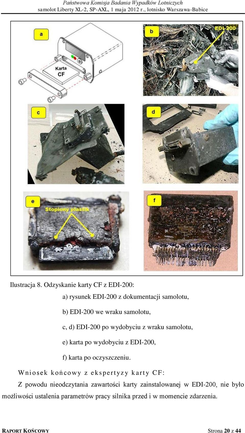 EDI-200 po wydobyciu z wraku samolotu, e) karta po wydobyciu z EDI-200, f) karta po oczyszczeniu.