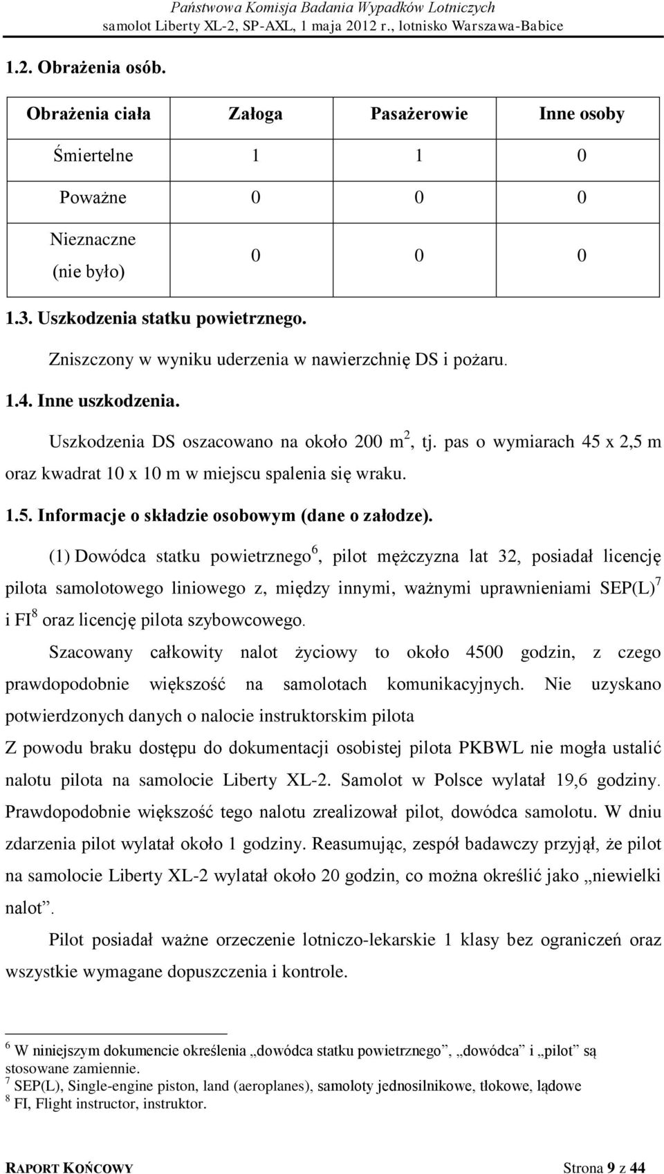 pas o wymiarach 45 x 2,5 m oraz kwadrat 10 x 10 m w miejscu spalenia się wraku. 1.5. Informacje o składzie osobowym (dane o załodze).