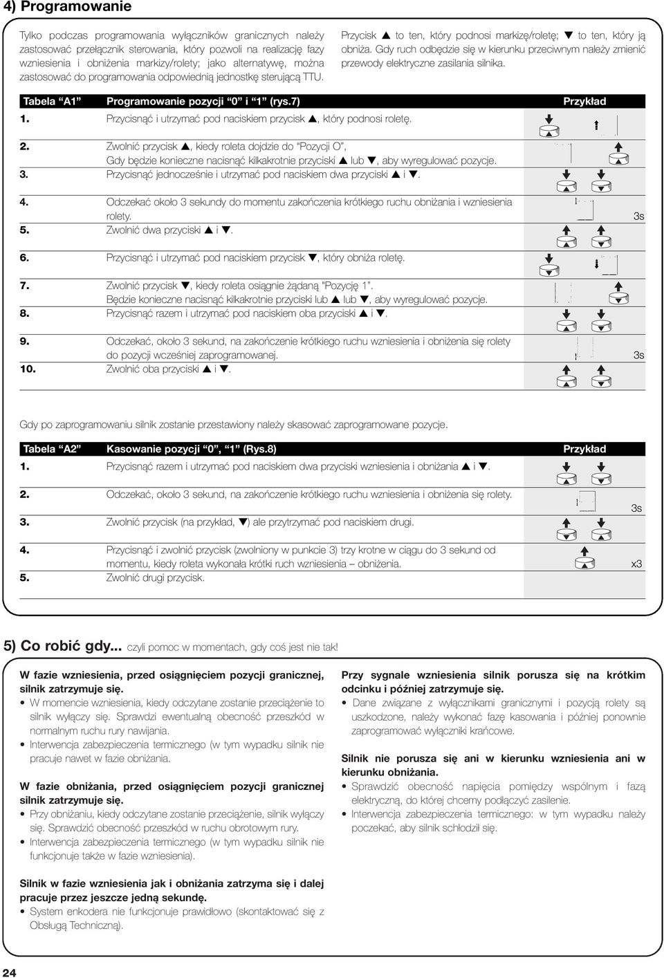 Gdy ruch odbędzie się w kierunku przeciwnym należy zmienić przewody elektryczne zasilania silnika. Tabela A1 Programowanie pozycji 0 i 1 (rys.7) Przykład 1.