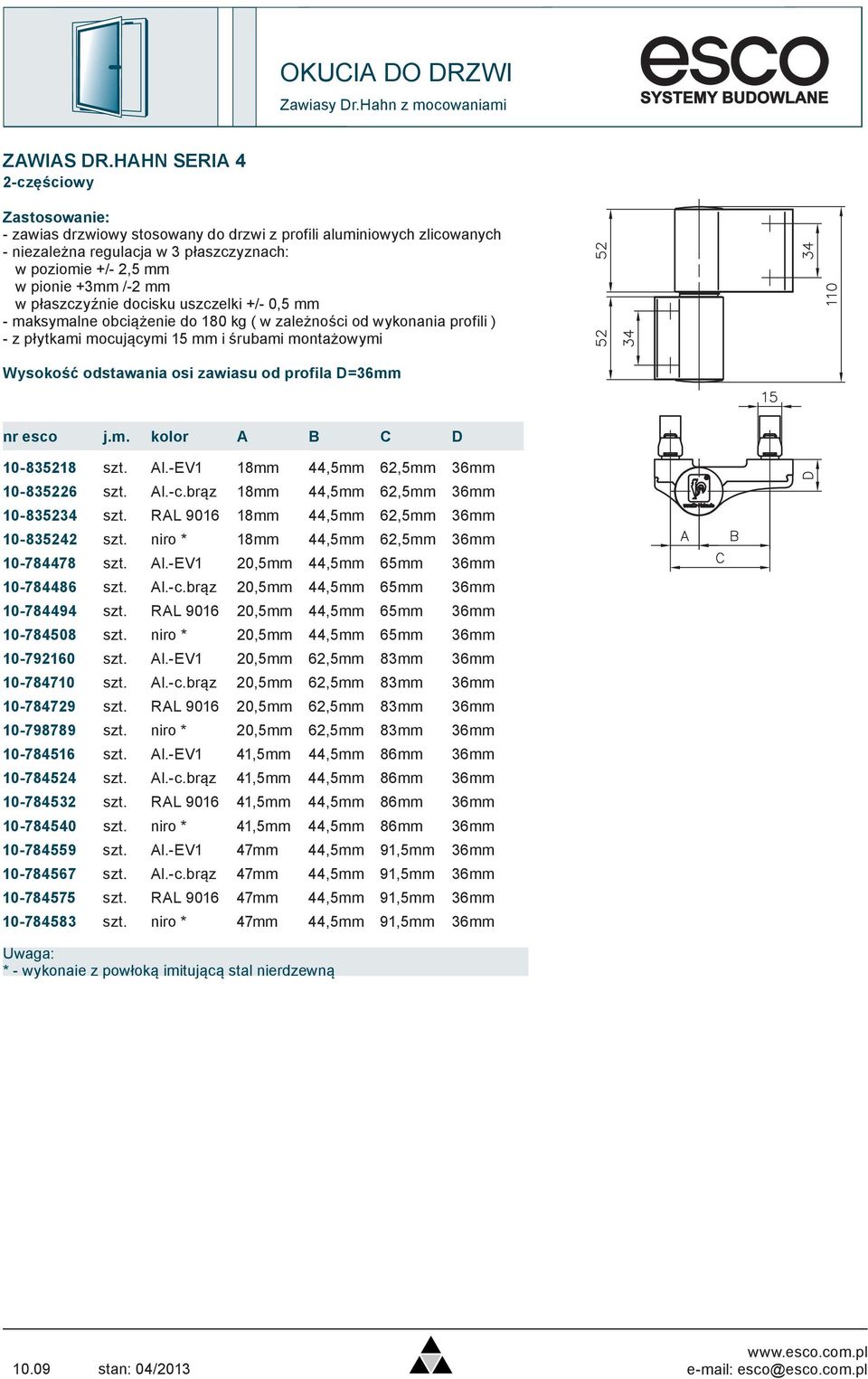 płytkami mocującymi 15 mm i śrubami montażowymi Wysokość odstawania osi zawiasu od profila D=36mm 10-835218 szt. Al.-EV1 18mm 44,5mm 62,5mm 36mm 10-835226 szt. Al.-c.