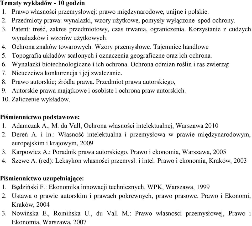 Topografia układów scalonych i oznaczenia geograficzne oraz ich ochrona. 6. Wynalazki biotechnologiczne i ich ochrona. Ochrona odmian roślin i ras zwierząt 7. Nieuczciwa konkurencja i jej zwalczanie.