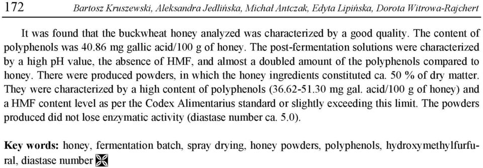 The post-fermentation solutions were characterized by a high ph value, the absence of HMF, and almost a doubled amount of the polyphenols compared to honey.