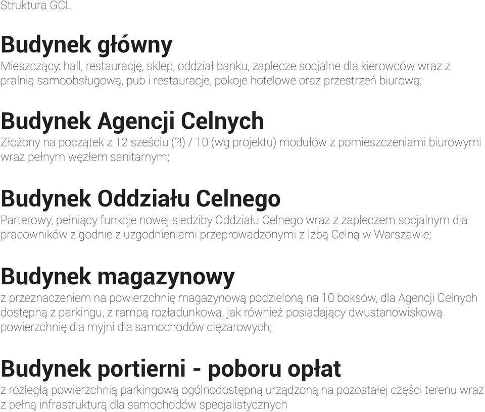 !) / 10 (wg projektu) modułów z pomieszczeniami biurowymi wraz pełnym węzłem sanitarnym; Budynek Oddziału Celnego Parterowy, pełniący funkcje nowej siedziby Oddziału Celnego wraz z zapleczem