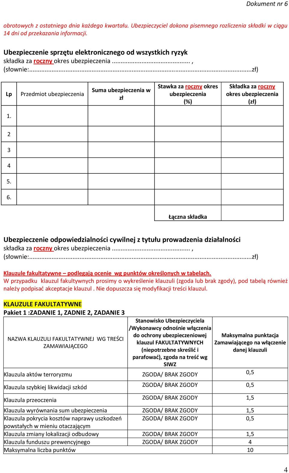 2 3 4 5. 6. Łączna składka Ubezpieczenie odpowiedzialności cywilnej z tytułu prowadzenia działalności Klauzule fakultatywne podlegają ocenie wg punktów określonych w tabelach.