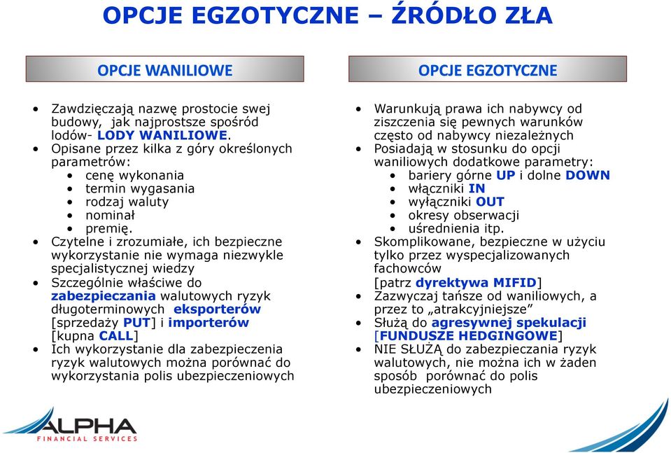 Czytelne i zrozumiałe, ich bezpieczne wykorzystanie nie wymaga niezwykle specjalistycznej wiedzy Szczególnie właściwe do zabezpieczania walutowych ryzyk długoterminowych eksporterów [sprzedaży PUT] i