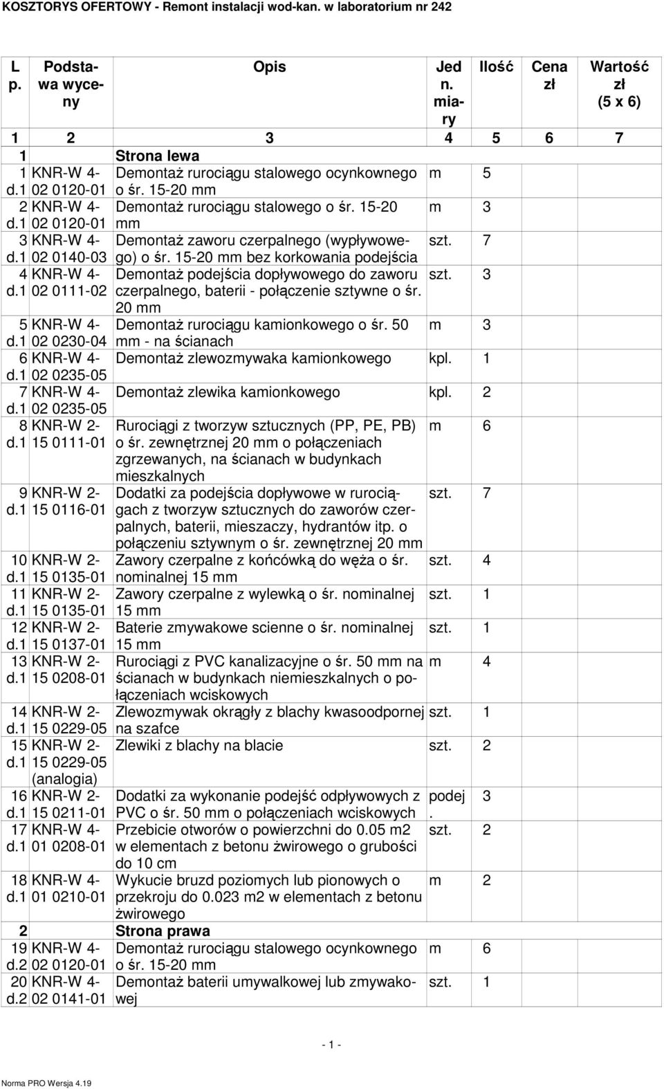 1 02 0140-03 4 KNR-W 4- DemontaŜ podejścia dopływowego do zaworu szt. 3 d.1 02 0111-02 czerpalnego, baterii - połączenie sztywne o śr. 20 5 KNR-W 4- DemontaŜ rurociągu kamionkowego o śr. 50 m 3 d.