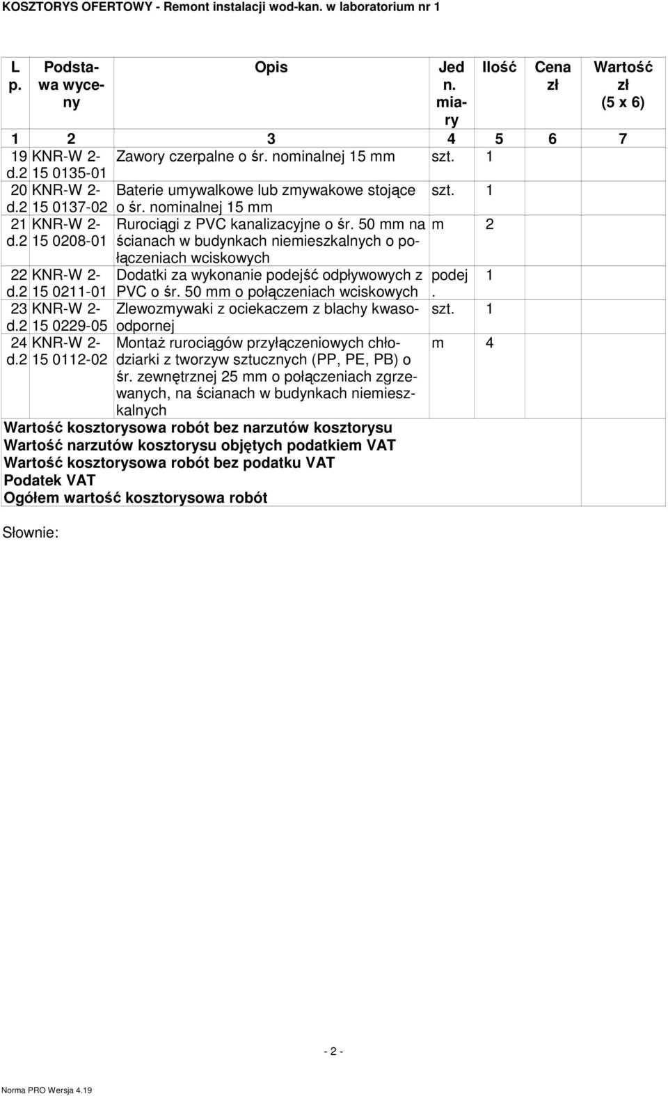 2 15 0229-05 24 KNR-W 2- d.2 15 0112-02 łączeniach Dodatki za wykonanie podejść odpływowych z podej 1 PVC o śr. 50 o połączeniach.