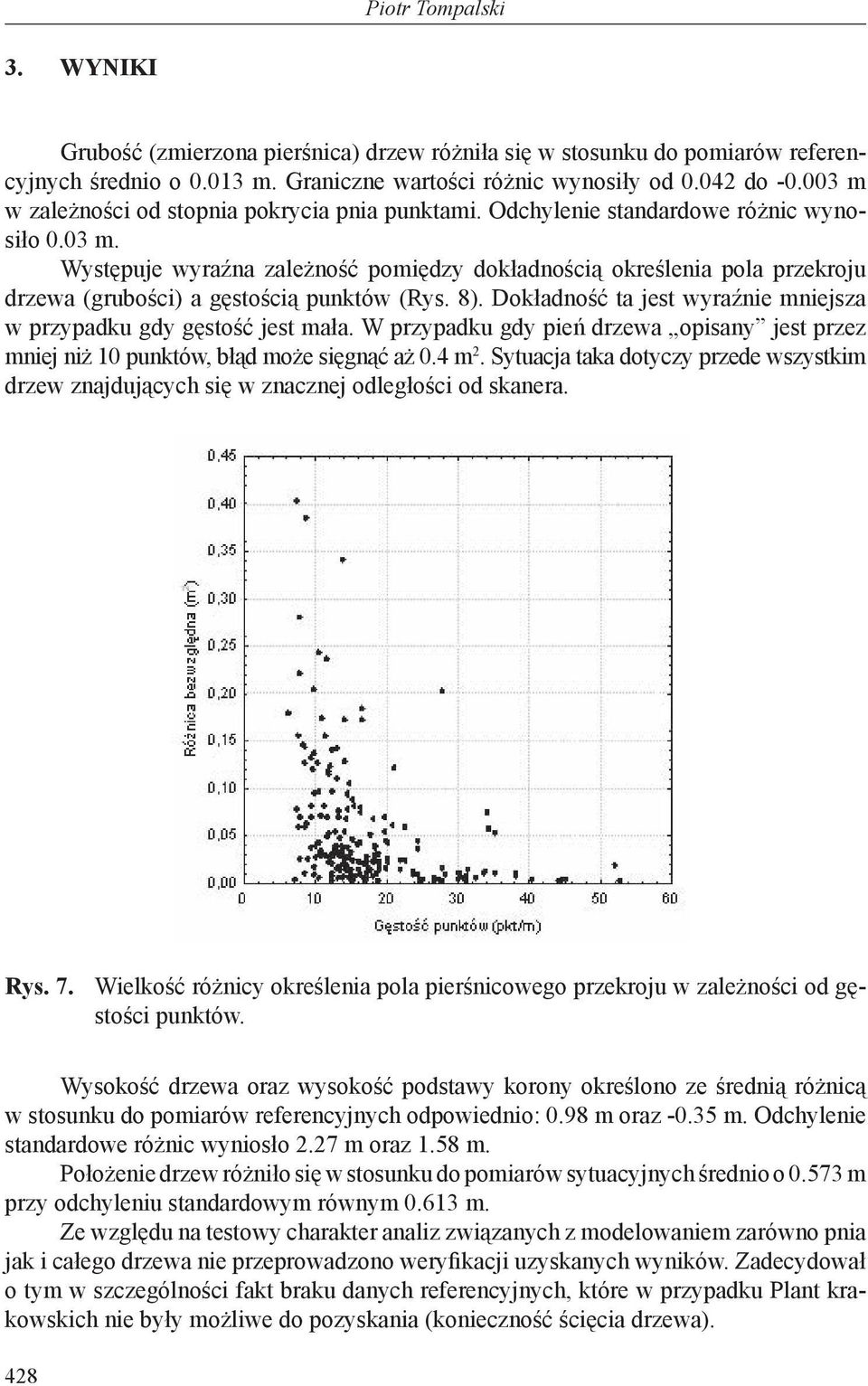 8). Dokładność ta jest wyraźnie mniejsza w przypadku gdy gęstość jest mała. W przypadku gdy pień drzewa opisany jest przez mniej niż 10 punktów, błąd może sięgnąć aż 0.4 m 2.