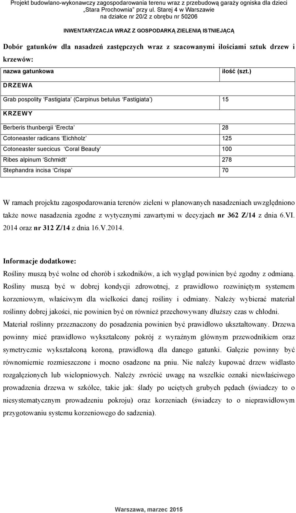 krzewów: nazwa gatunkowa DRZEWA Grab pospolity Fastigiata (Carpinus betulus Fastigiata ) 15 KRZEWY Berberis thunbergii Erecta 28 Cotoneaster radicans Eichholz 125 Cotoneaster suecicus Coral Beauty