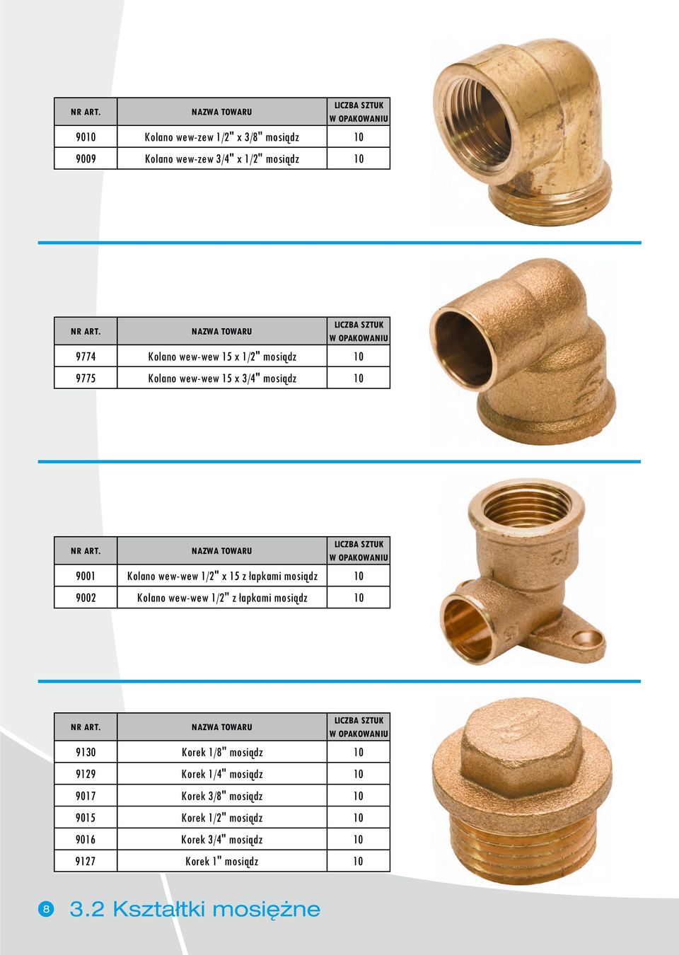 9002 Kolano wew-wew 1/2" z łapkami mosiądz 9130 Korek 1/8" mosiądz 9129 Korek 1/4" mosiądz 9017 Korek