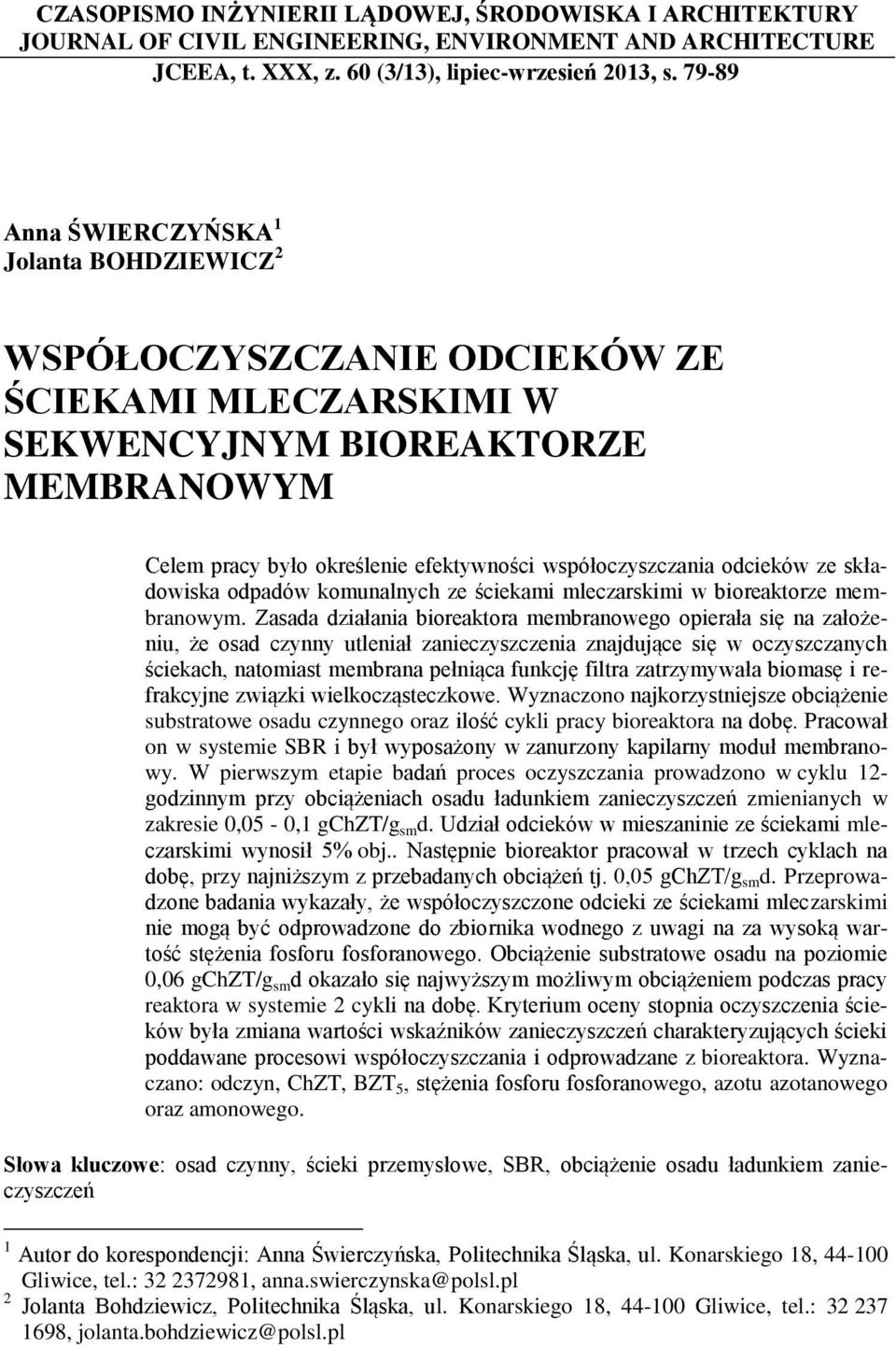 odcieków ze składowiska odpadów komunalnych ze ściekami mleczarskimi w bioreaktorze membranowym.