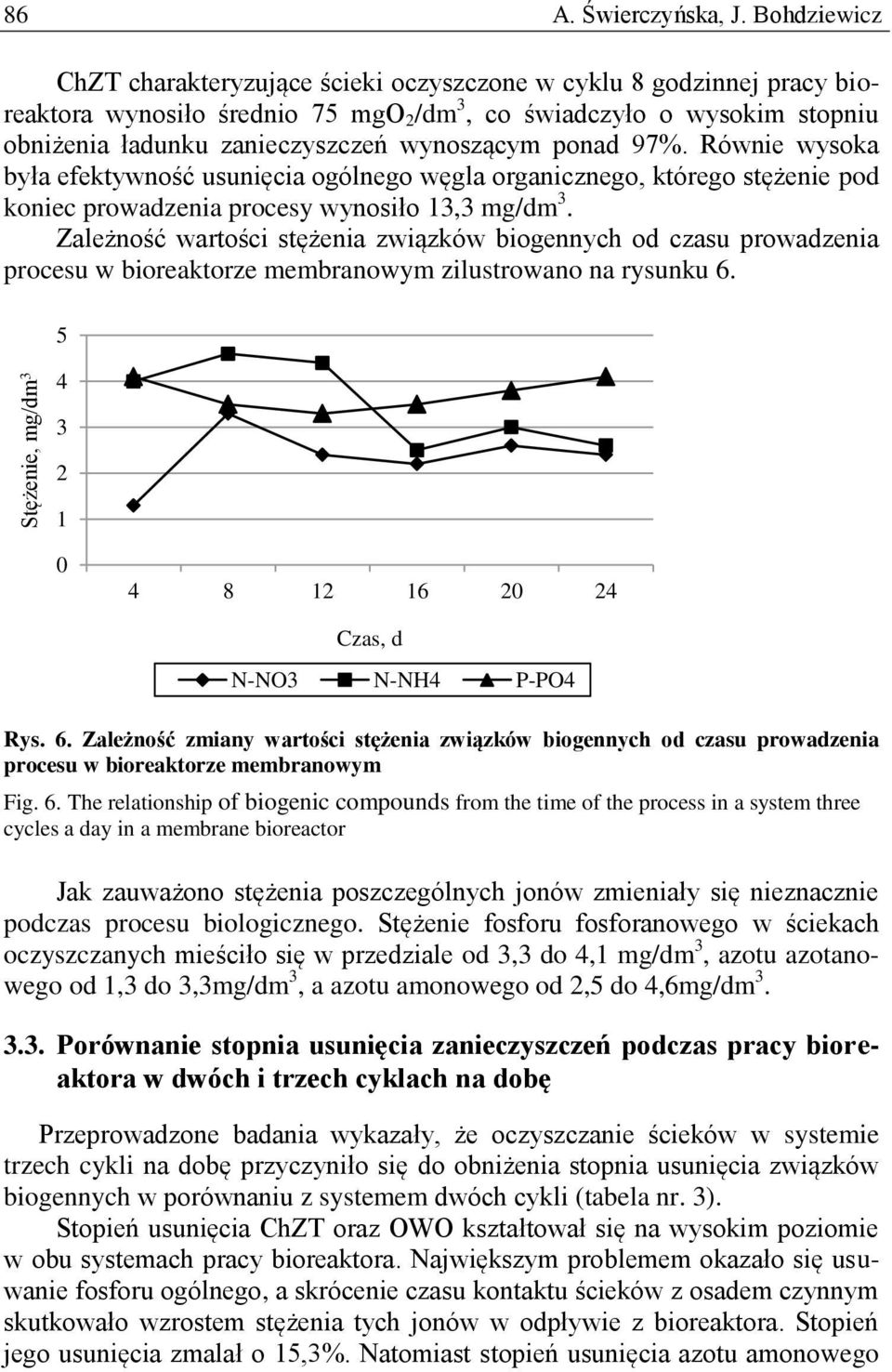 ponad 97%. Równie wysoka była efektywność usunięcia ogólnego węgla organicznego, którego stężenie pod koniec prowadzenia procesy wynosiło 13,3 mg/dm 3.