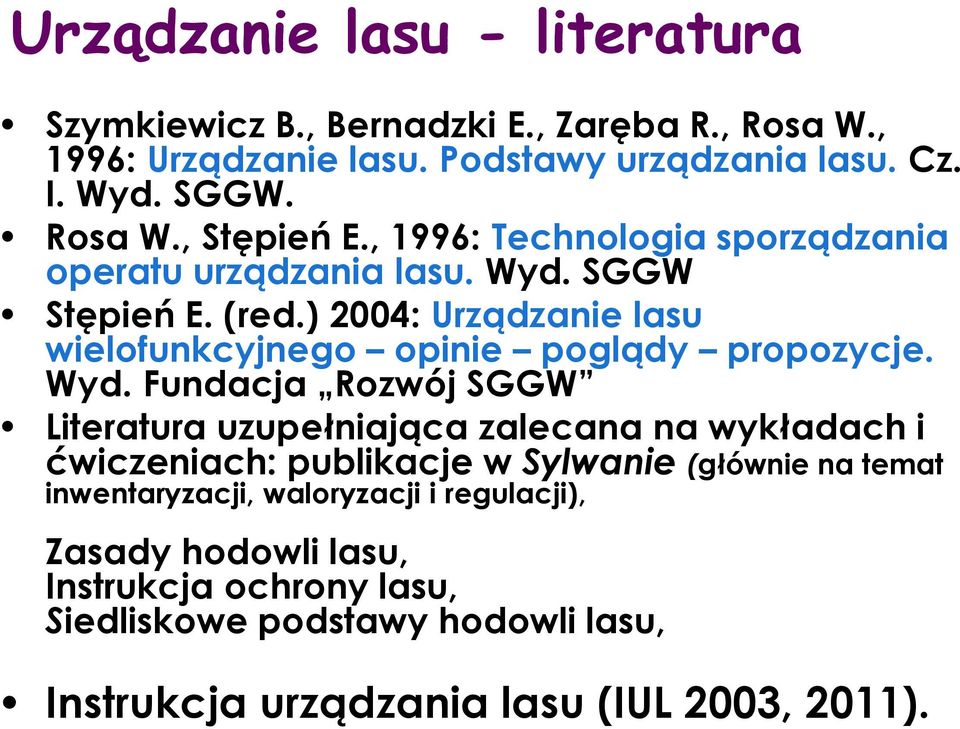 Wyd. Fundacja Rozwój SGGW Literatura uzupełniająca zalecana na wykładach i ćwiczeniach: publikacje w Sylwanie (głównie na temat inwentaryzacji,