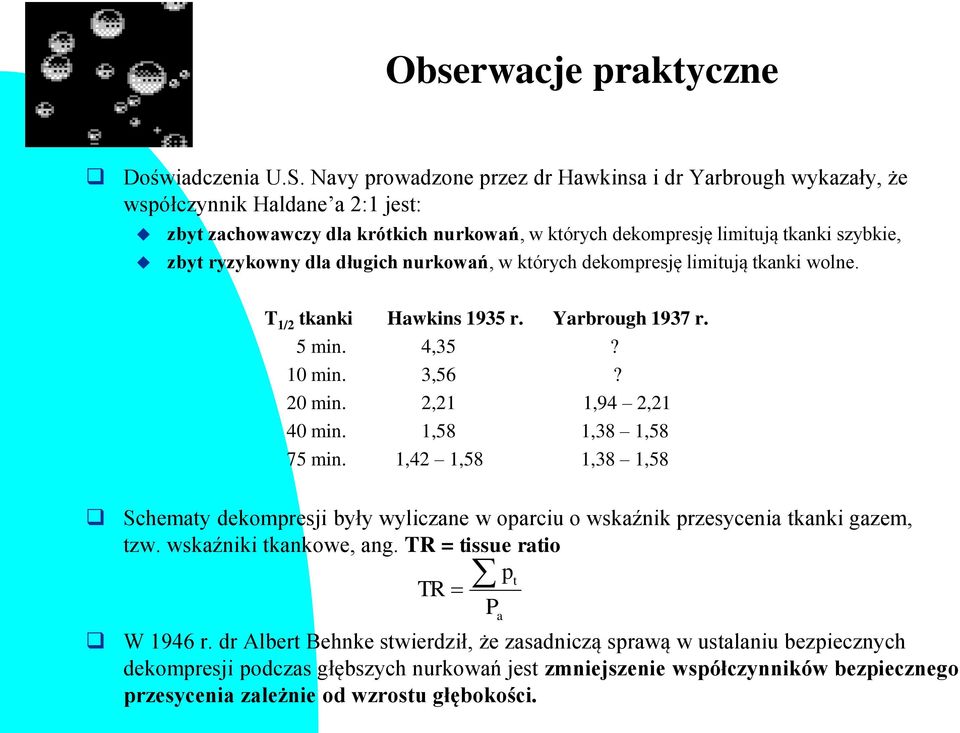 dla długich nurkowań, w których dekompresję limitują tkanki wolne. T 1/2 tkanki Hawkins 1935 r. Yarbrough 1937 r. 5 min. 4,35? 10 min. 3,56? 20 min. 2,21 1,94 2,21 40 min. 1,58 1,38 1,58 75 min.