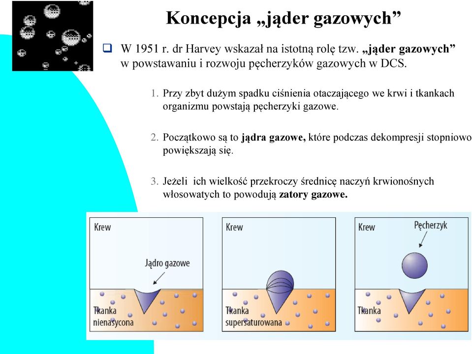 Przy zbyt dużym spadku ciśnienia otaczającego we krwi i tkankach organizmu powstają pęcherzyki gazowe. 2.