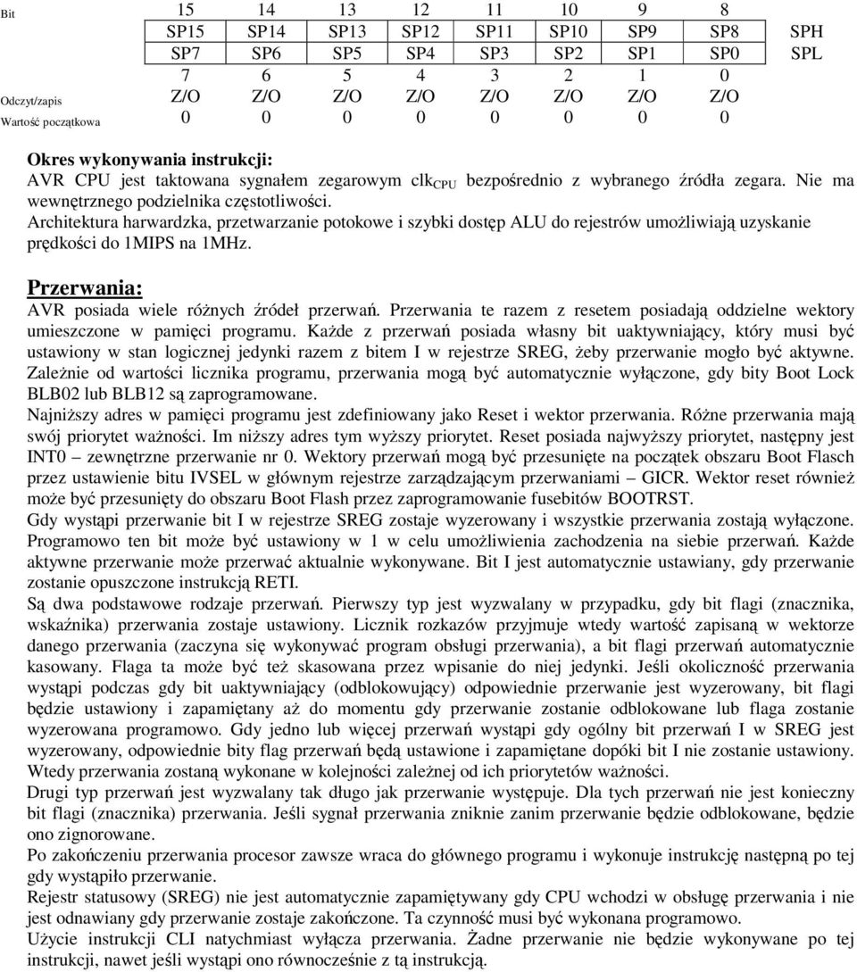 Architektura harwardzka, przetwarzanie potokowe i szybki dostp ALU do rejestrów umoliwiaj uzyskanie prdkoci do 1MIPS na 1MHz. Przerwania: AVR posiada wiele rónych ródeł przerwa.