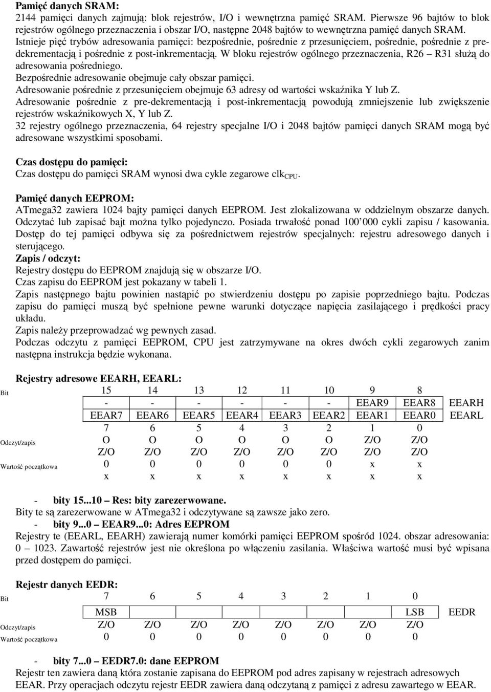 Istnieje pi trybów adresowania pamici: bezporednie, porednie z przesuniciem, porednie, porednie z predekrementacj i porednie z post-inkrementacj.