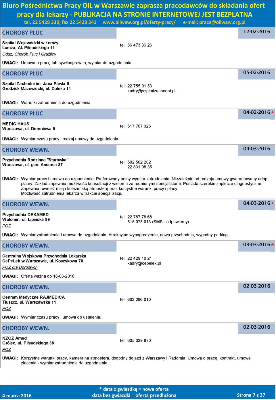 CHOROBY PŁUC MEDIC HAUS Warszawa, ul. Dereniowa 9 tel. 517 707 326 UWAGI: Wymiar czasu pracy i rodzaj umowy do uzgodnienia. 04-03-2016 Przychodnia Rodzinna "Starówka" Warszawa, ul. gen.